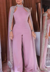 Luxurious Dusty Pink Prom Jumpsuits for Women with Cape-27dress